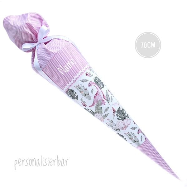 Schultüte Mädchen 70cm große Zuckertüte Stofftüte Einschulung Stoffschultüten Dinosaurier personalisierbar Name rosa pink Füllkissen