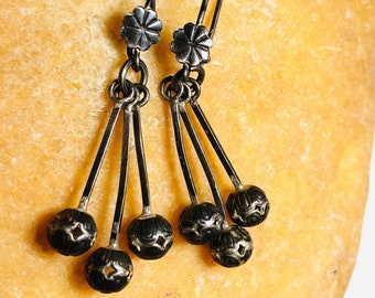 The Mexican Ball Drop Dangle~Dainty Earrings from Old Mexico~Filigree Earrings~Antique Silver Earrings~Boho Dangle Earrings