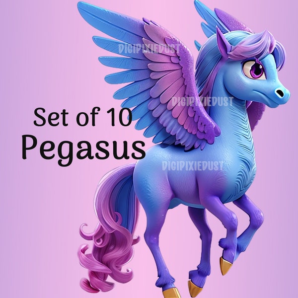 Clipart Set of 10 Fantasy Kawaii Pegasus for Digital Projects in PNG and SVG Format | Transparent Background | Pastel Colors Winged Horse
