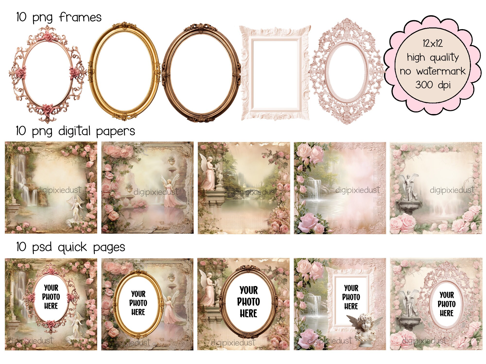 Angels and Pink Roses Scrapbook Kit | Digital Paper, Frames (PNG & PSD ...