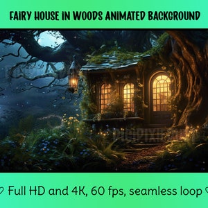 May include: A fairy house nestled in a tree in a dark forest. The house has a lit window and a lantern hanging outside. The forest is filled with green foliage and glowing lights.