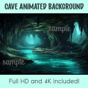 Könnte beinhalten: Ein animierter Hintergrund mit einer dunklen Höhle, durch die ein leuchtend blauer Fluss fließt. Die Höhlenwände sind mit Stalaktiten und Stalagmiten strukturiert. Der Text "sample" erscheint zweimal im Bild.