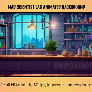 May include: Animated background featuring a cartoon mad scientist lab with a city skyline view from the window. The lab is filled with beakers, flasks, and other scientific equipment. The background is animated with bubbles floating around the lab.