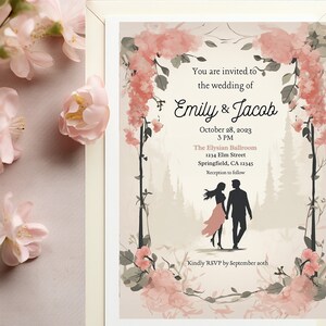 Wedding Invitation Template, Printable Wedding Invite, Peach Floral Theme Wedding Invites, Boho Wildflower Canva Template