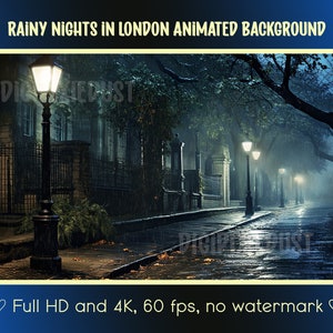 Puede incluir: Fondo animado que presenta una escena nocturna lluviosa en Londres. La imagen muestra una calle bordeada de árboles y farolas, con una atmósfera brumosa y brumosa. La calle está mojada por la lluvia y las luces proyectan un cálido resplandor en la acera.