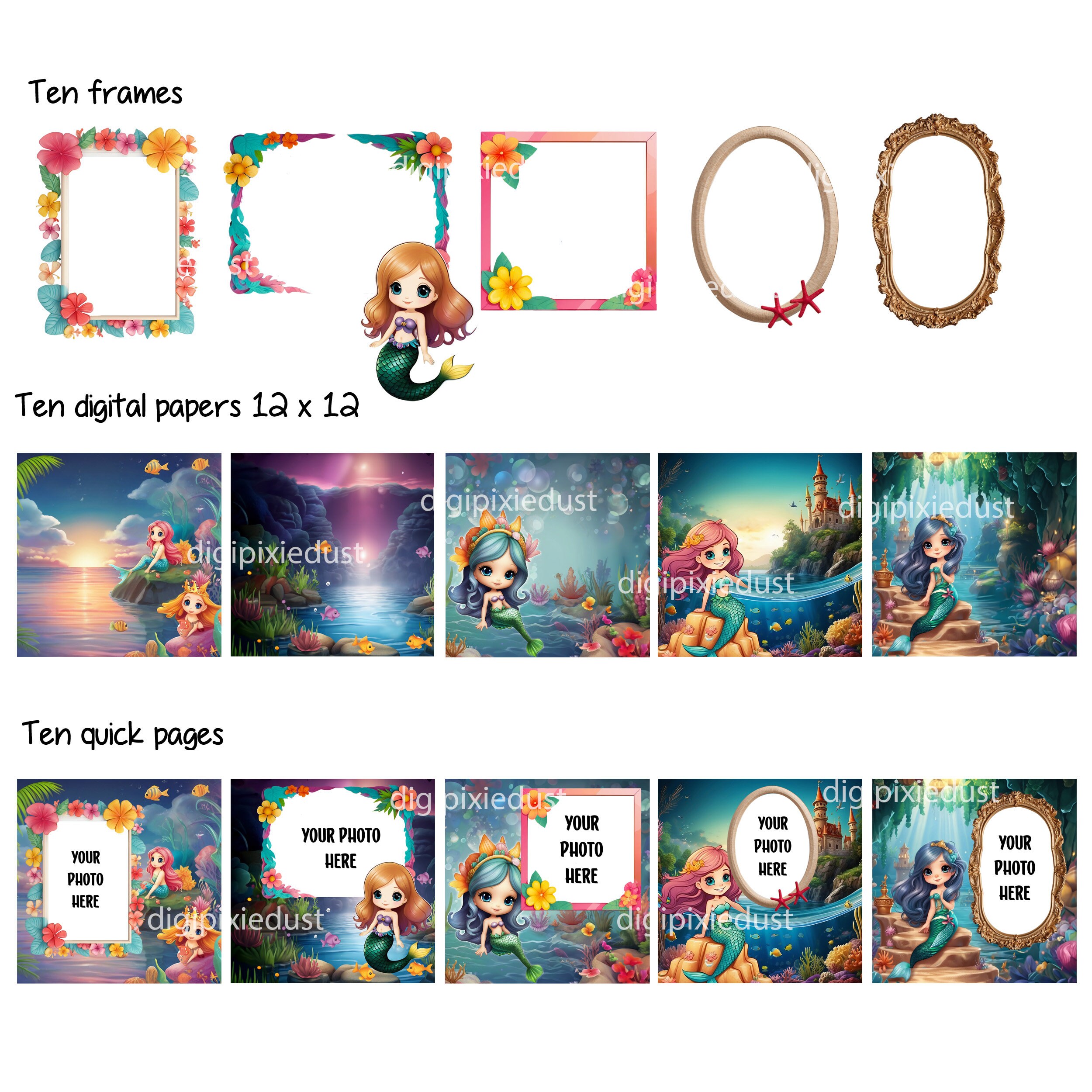 Mermaid Scrapbook Paper Kit Fantasy Theme | Digital Papers, Frames ...