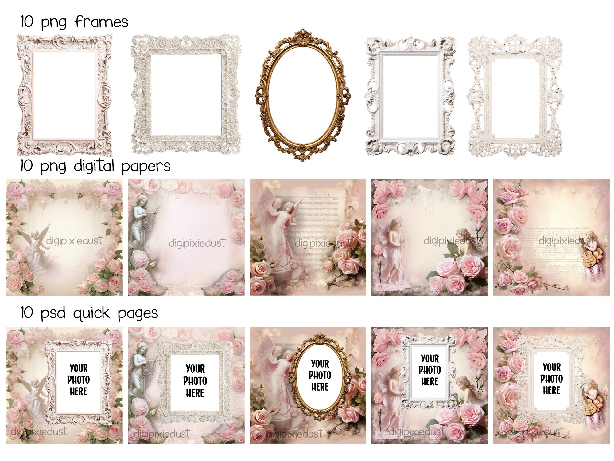 Angels and Pink Roses Scrapbook Kit | Digital Paper, Frames (PNG & PSD ...
