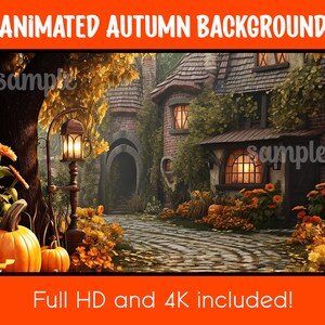 Puede incluir: Fondo de otoño animado con una casa de ladrillo, calabazas y un camino de adoquines. La casa tiene un techo marrón y ventanas con luz cálida que brilla a través. El camino conduce a una puerta con un arco cubierto de enredaderas. El fondo es un bosque con follaje de otoño.