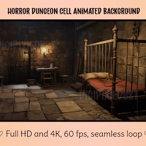 Peut inclure: Une cellule de donjon sombre en briques avec un lit en métal et une couverture rouge. La cellule a un sol en pierre et une porte à barreaux. La scène est éclairée par une seule bougie sur une table.