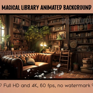 Könnte beinhalten: Ein animierter magischer Bibliothekshintergrund mit einem Ledersofa, Bücherregalen voller Bücher, einem Schreibtisch mit einer Lampe und einer Leiter. Der Hintergrund ist animiert mit fallenden Papieren und glitzerndem Staub.