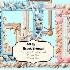 Könnte beinhalten: Eine Sammlung von zehn Strandrahmen, die mit Muscheln und Seesternen verziert sind. Die Rahmen sind in verschiedenen Farben gehalten, darunter Blau, Weiß und Rosa, mit transparentem Hintergrund. Der Text auf dem Bild lautet "Set of 10 Beach Frames".