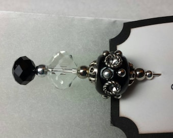 Elegant Black and Clear Stick Pin, Scarf pin, Hat Pin, Shawl Pin, Lapel Pin, Coat Pin, Brooch Pin