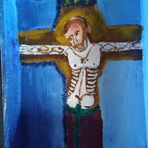 Jesus Crucified - Outsider Art - Oil Painting Signed &quot;Otis W.&quot;