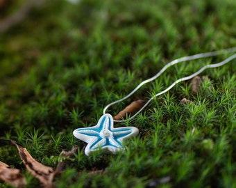 ceramic necklace blue starfish pendant silver plated by The Mood Designs gift from Ireland