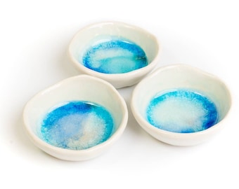 Set of 3 ceramic bowls handmade in Ireland Sea Range by The Mood Designs serving side dish tiny bowl handy blue irregular