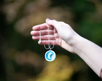 ceramic necklace blue moon pendant silver plated by The Mood Designs gift from Ireland