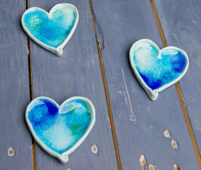 3 Ceramic Heart Ornament Pottery Heart Wall Hanging Blue Heart Wedding Favor Shower Favor Ceramic Decor Home Décor image 6