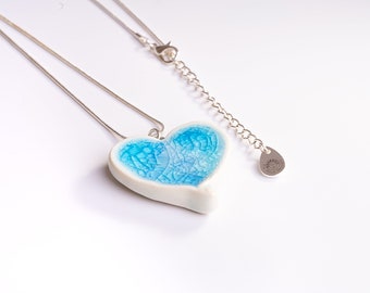 ceramic necklace blue heart pendant silver plated by The Mood Designs gift from Ireland