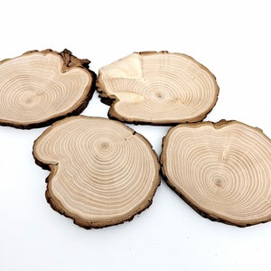 A set of 4organic natural cypress wood round coasters with bark.