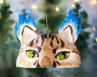 Monster Earthen Cat OOAK Christmas Ornament, Blue Fire Ears Cat Spun Cotton Xmas Tree Decoration, Mystical Forest Creatures