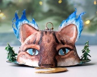 Monster Earthen Cat OOAK Christmas Ornament, Blue Fire Ears Cat Spun Cotton Xmas Tree Decor, Blue Eyes Cat Face Figurine