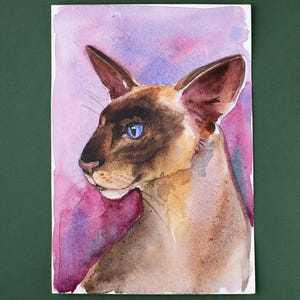 Siamese Cat Portrait Original Watercolor Art: Handpainted Animal Illustration Card, Unframed