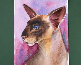 窓の上の猫 5 x 7 アートプリント リンクスポイント シャム猫 水彩画