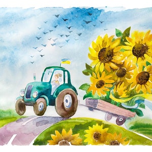 Cute Ukrainian Tractor Digital Download Art printable, Happy Farm Sunflowers Watercolor Painting, art craft supplies
