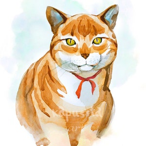 Ginger cat portrait Digital Download Art printable, orange and blue animal art, watercolor painting for cat lovers, art craft supplies