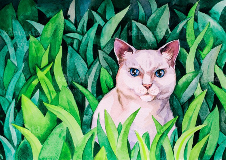 White cat in green grass Digital Download Art printable | Etsy