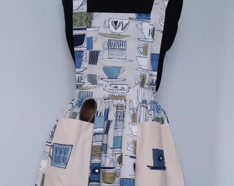 Cups and saucers Blue full length 1950's Retro style Apron with large pockets and tie back