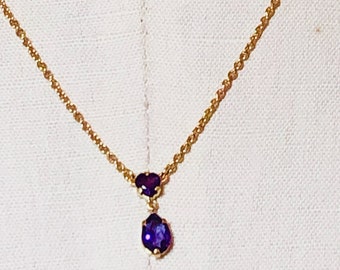 18k Gold Amethyst Necklace Double Drop Heart Pendant 17 Inch Chain 4.5 Grams February Birthstone One Of A Kind