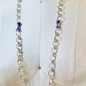 Sterling Silver Necklace Carved Purple Amethyst Flowers 36 Inches of Hammered Links Over 12 Carats Genuine Gemstones