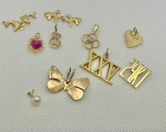 14k Solid Gold Charms Pendants Butterfly Numbers 24K Roman Numeral XXV Heart Dolphins Angels Ruby Opal Pearl I Heart Mercedes Emblem