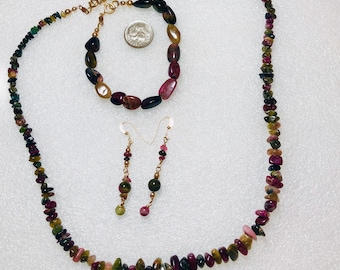 14k Gold Fill Watermelon Tourmaline Beaded Jewelry Necklace Bracelet Earrings