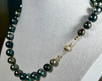 14k Solid Gold Natural Tahitian Pearl Necklace 7-11mm Black Rounds Baroque South Sea Pearls