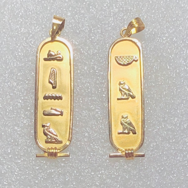 18k Solid Gold Vintage Egyptian Cartouche Pendants 5 SOLD Or 3 Hieroglyphics Symbols Spelling Linda Lynda Lydia Kim Cam