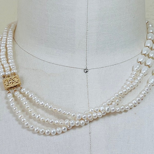 14k Solid Gold Vintage Large Clasp Beads Triple Strand White Pearl Torsade Graduated 15-16 Inch Necklace June Birthstone Wedding Jewelry