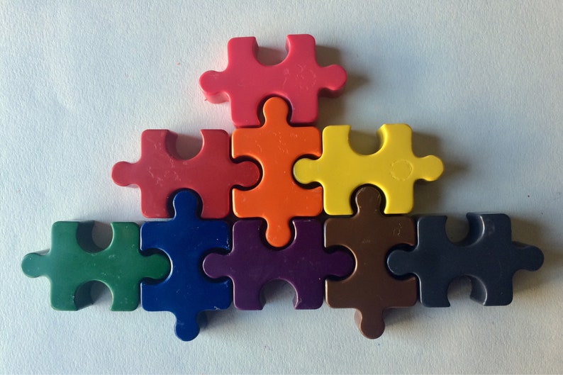 25 Treat Bags of 8 Puzzle Piece Crayons custom labels Autism awareness classroom gifts kids birthday party favors goodie goodie bags