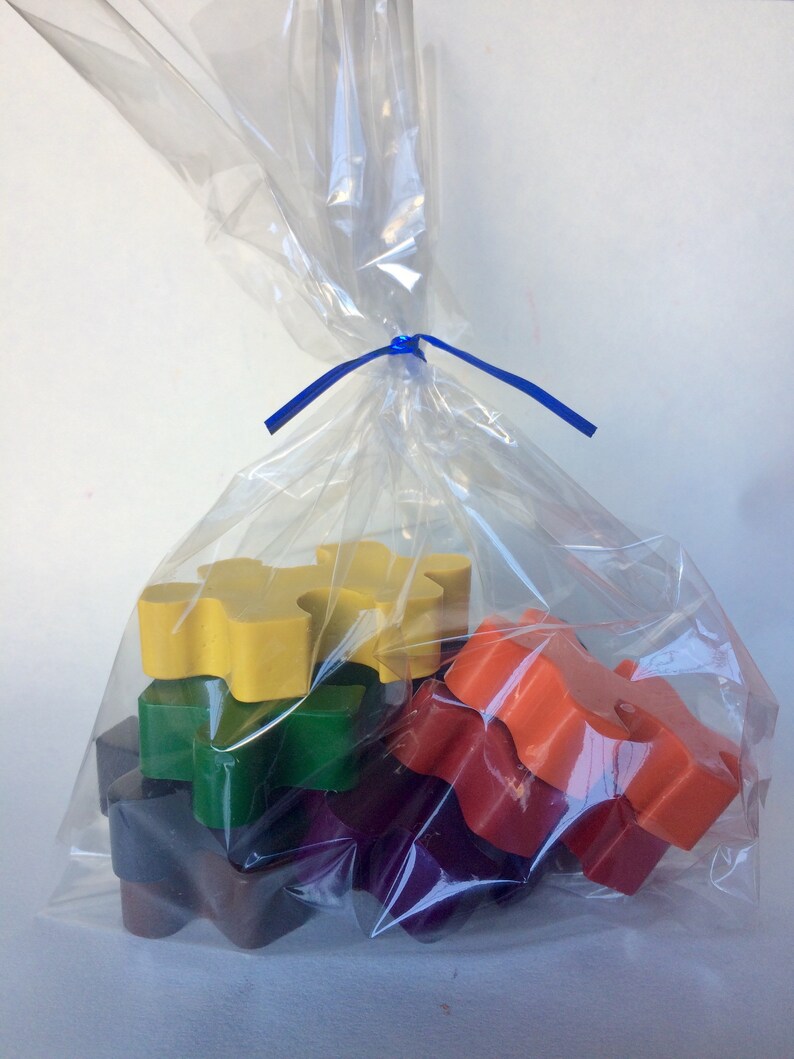 25 Treat Bags of 8 Puzzle Piece Crayons custom labels Autism awareness classroom gifts kids birthday party favors goodie goodie bags