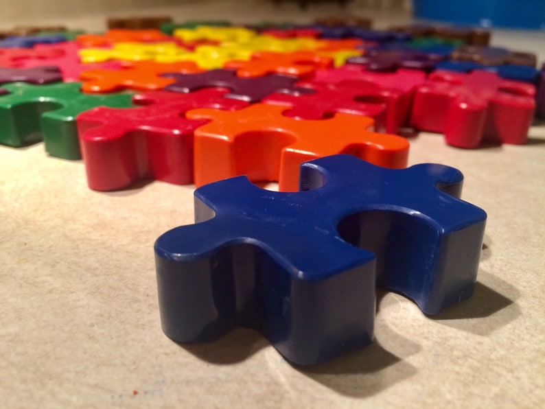 25 Treat Bags of 8 Puzzle Piece Crayons custom labels Autism awareness classroom gifts kids birthday party favors goodie goodie bags