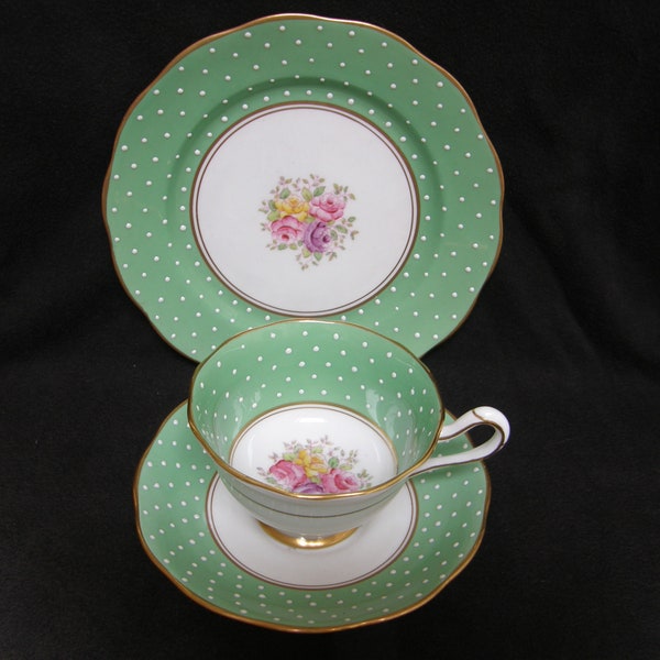 c.1925 Royal Albert Crown China tea cup trio ~ green with enameled white dots