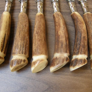 May include: Set of six silver handled steak knives with brown stag horn handles.