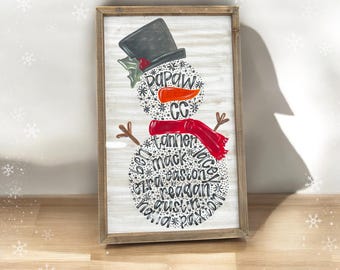 May include: A framed wooden sign featuring a snowman design. The snowman has a black top hat, a red scarf, and a carrot nose. The snowman's body is made up of names. The sign is a festive holiday decoration.
