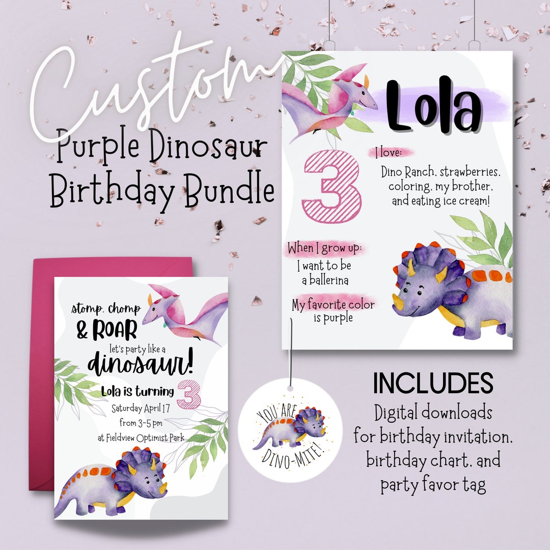 Girly Pink and Purple Dinosaur Theme Birthday Bundle Digital Etsy