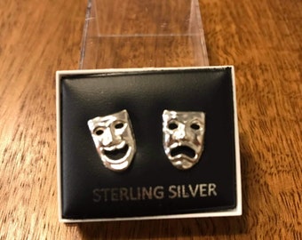 Theatre mask comedy tragedy sterling silver stud earrings