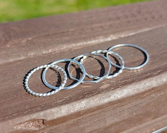 Sterling Silver 5 Ring Stacking Set. Skinny Handmade Bands