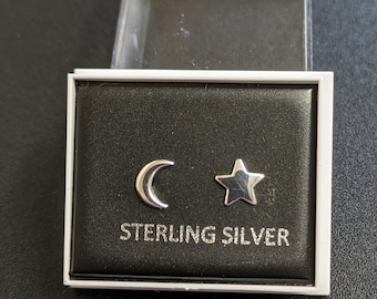 Quirky moon and star sterling silver stud earrings