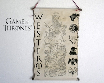 Map of Westeros Game of Thrones Map GoT Map Poster Game of Thrones Houses Coat of Arms on Handmade Scroll