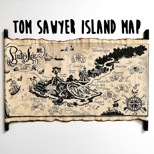 Tom Sawyer Island Karte, Pirate's Lair auf Tom Sawyer Island, Piratenkarte auf handgemachter Schriftrolle